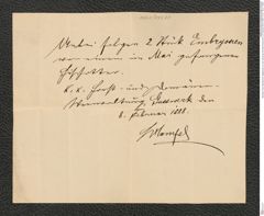 Nachlass Franz Steindachner, Begleitnotiz (zu einer Sendung Fischotter-Embryonen) von Hampel (08.02.1888), Inv.Nr. 199.01, Seite 1